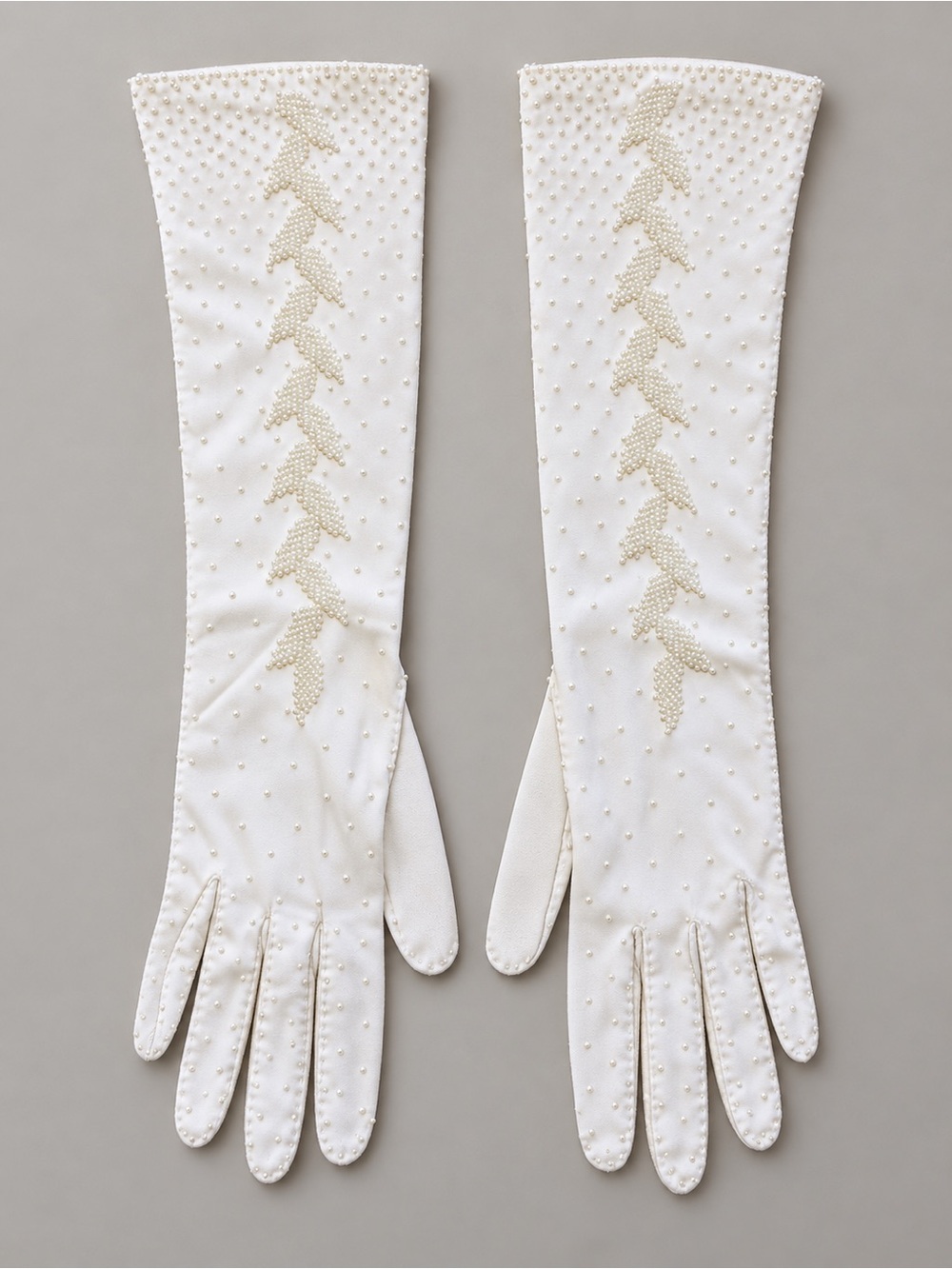Vintage White Pearl Beaded Cotton Opera Gloves Handwoven Bridal